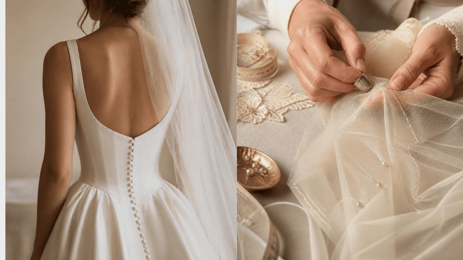 Composición doble que muestra la espalda de un vestido de novia con botonadura forrada y el detalle de unas manos cosiendo tul con dedal en el taller.