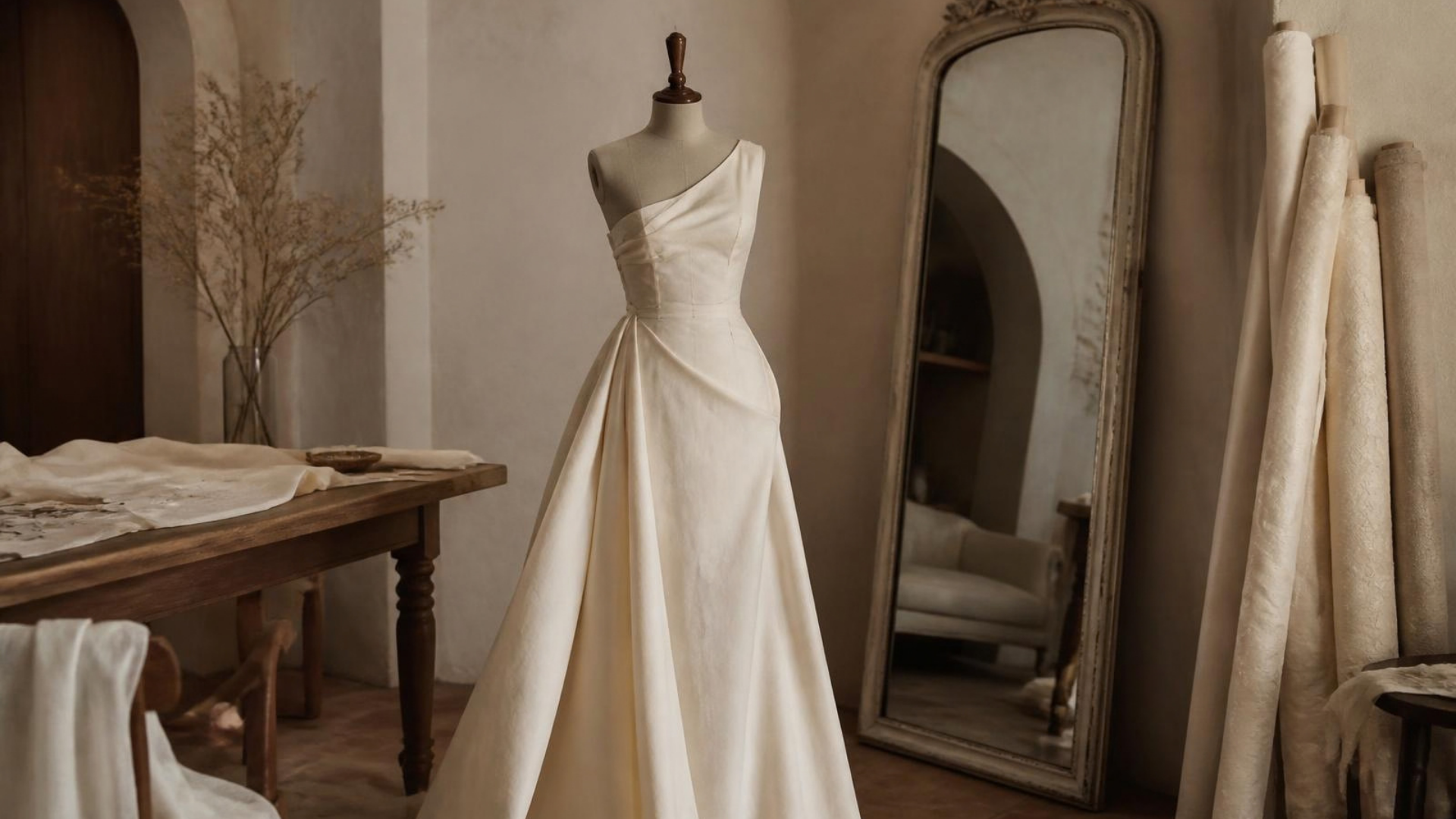 Maniquí con vestido de novia blanco de corte asimétrico en el taller de Atelier Villar, junto a un espejo rústico y rollos de tela.