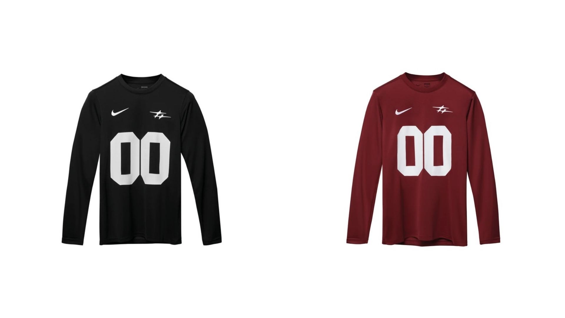Camisetas de manga larga GNG x Nike con el número 00 en color negro y granate