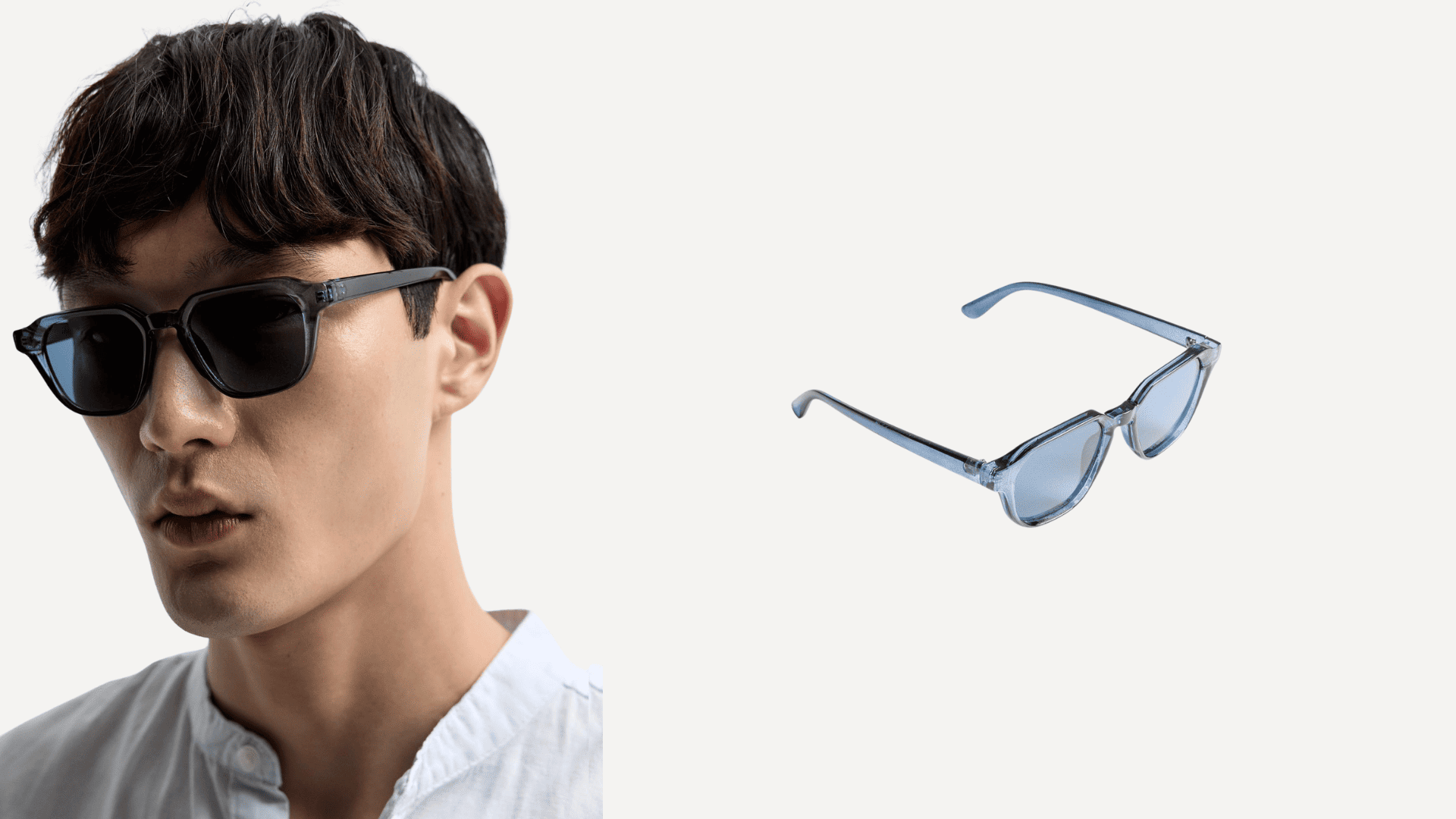 Modelo masculino luciendo unas gafas cuadradas con montura transparente azul de la colección de accesorios de ropa hombre Lefties.