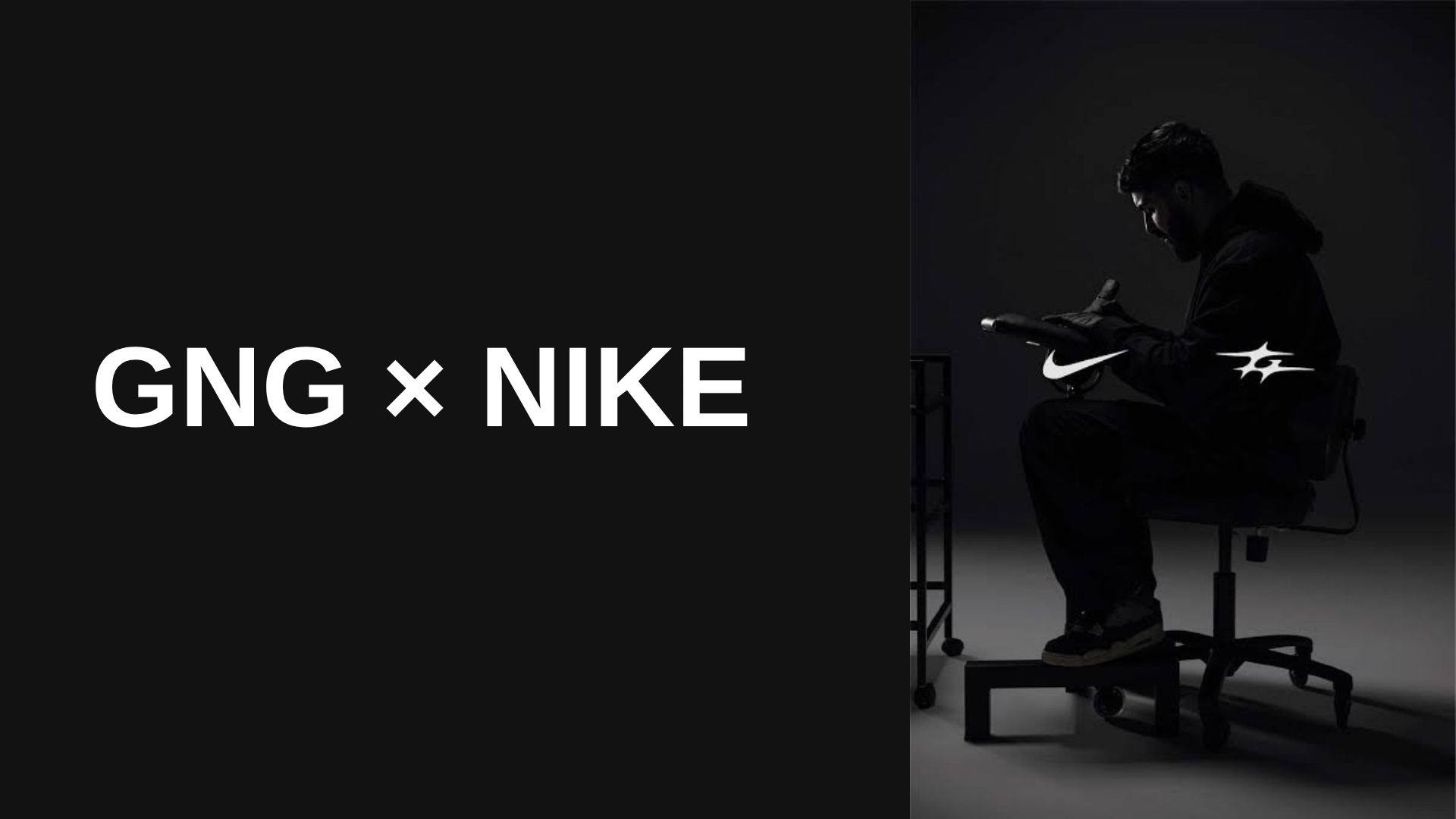 Joaquín Ganga sentado en la editorial de la colaboración GNG x Nike con el swoosh y el logo de GNG