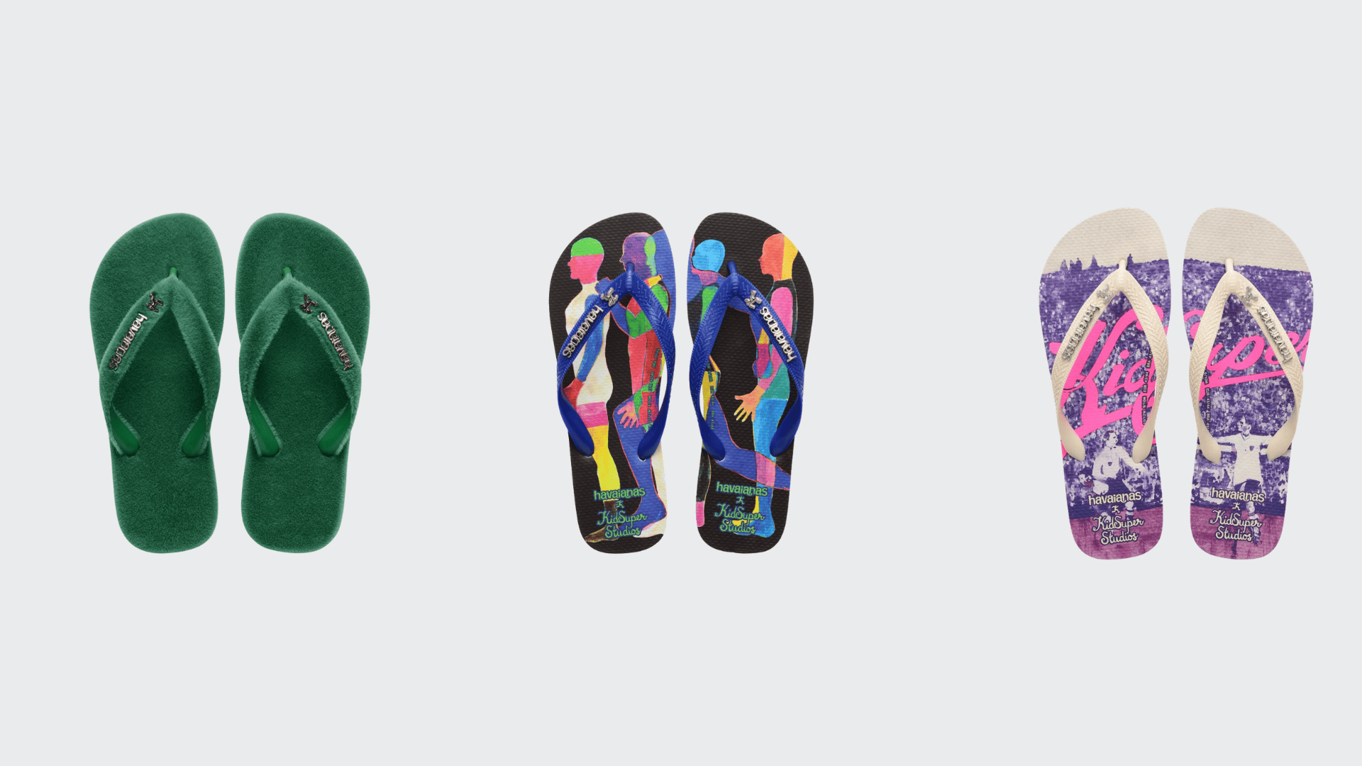 Colección de sandalias Havaianas x KidSuper con el modelo Top Turf Pitch en terciopelo verde y diseños gráficos firmados por Colm Dillane