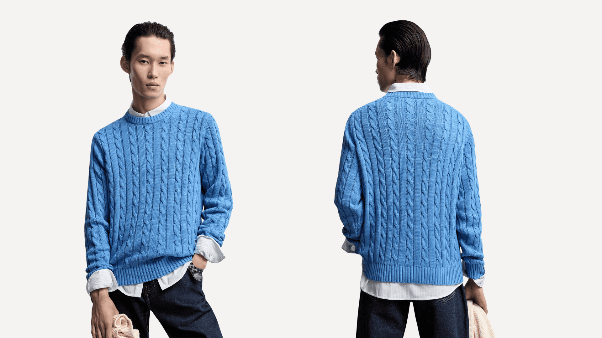 Modelo vistiendo un jersey trenzado de punto en color azul claro sobre camisa blanca, mostrando el fit frontal y trasero de la ropa de hombre Lefties.