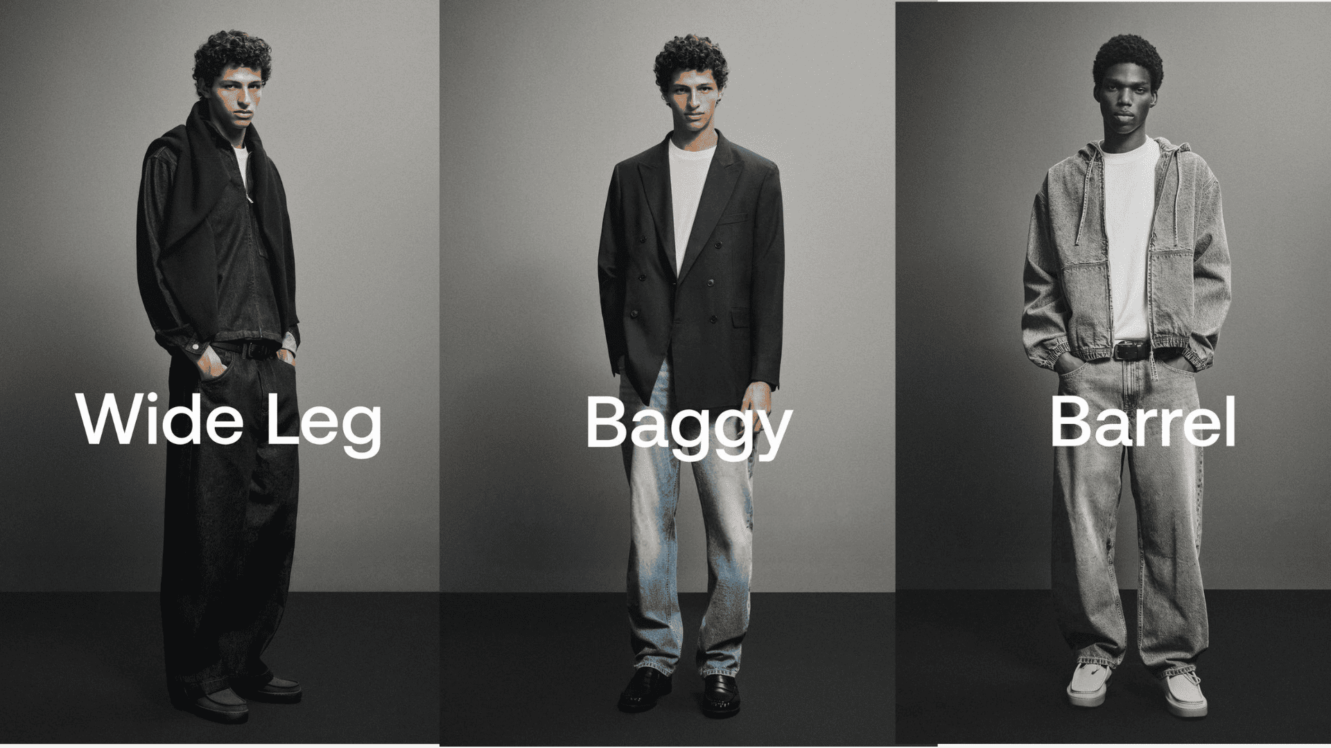 comparativa visual de los tres cortes de pantalones Lefties hombre: Wide Leg de caída recta, vaquero Baggy holgado y silueta Barrel con volumen curvo en la pierna.